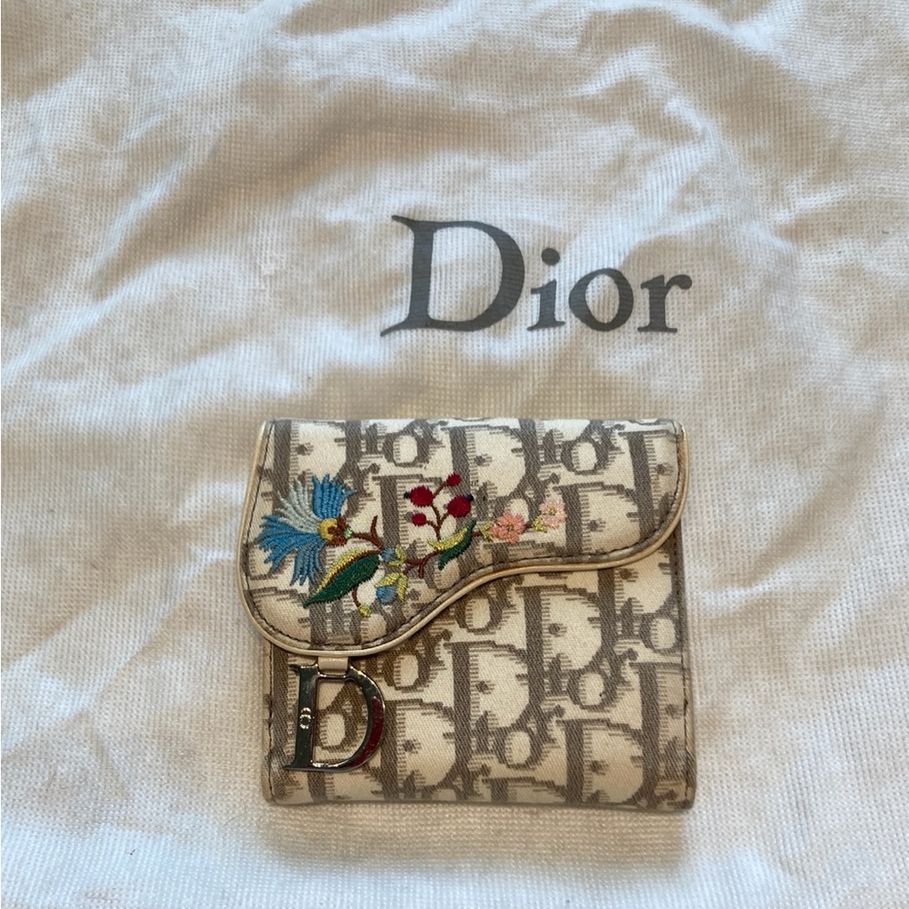 Dior Cream and Gray Embroidered Wallet